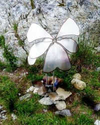 Low section of person holding umbrella on footpath