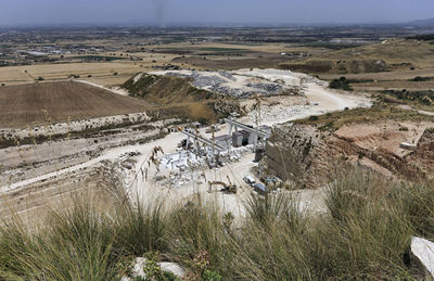 High angle view of land against sky