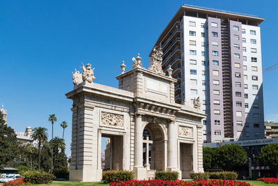 Low angle view of building against clear blue sky