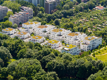 High angle view of trees and buildings in city