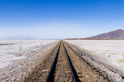 Surface level of railroad tracks against clear sky