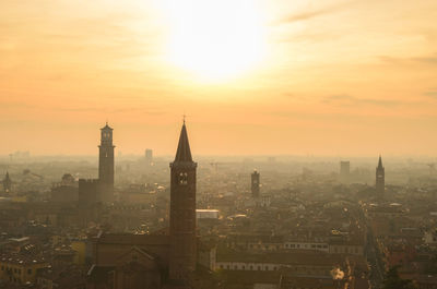 Aerial view of buildings in city during sunset