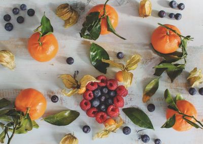 High angle view of fruits on table