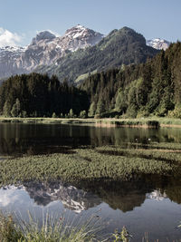 Scenic view of lake by mountains against sky