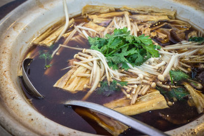 High angle view of food in bowl on table