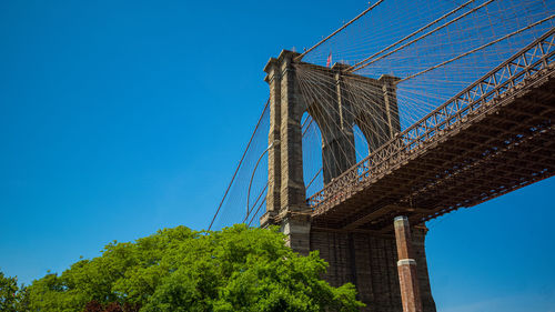 Low angle view of bridge against clear blue sky