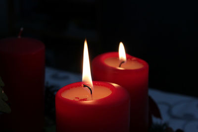 Close-up of lit candle in dark room