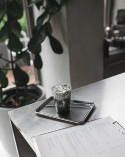 High angle view of drink on table