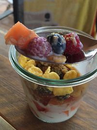 Close-up of ice cream in bowl on table