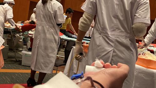 Rear view of people working on table