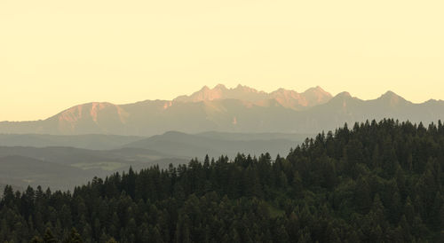 Scenic view of mountains against sky during sunset