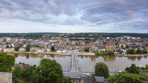 High angle view of townscape against sky in city