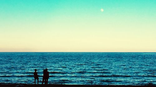 Silhouette people on sea against clear sky