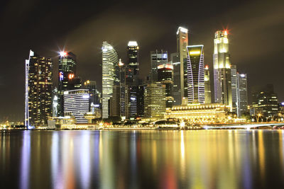 River in front of illuminated cityscape at dusk