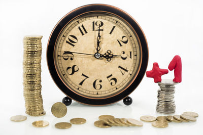 Close-up of coins on white background