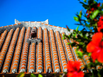 Low angle view of building against clear blue sky