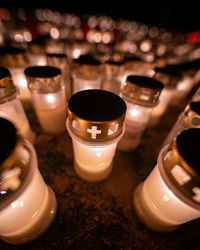 Close-up of lit tea light candles in temple