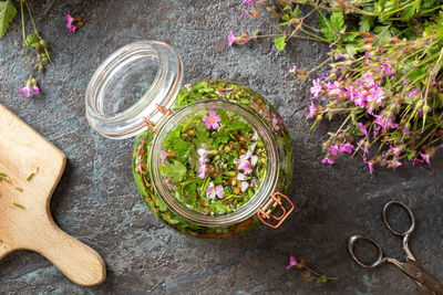 High angle view of various flowers in jar