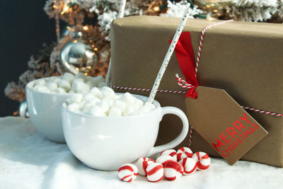 Close-up of christmas decoration on table