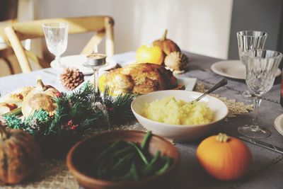 High angle view of food served on table