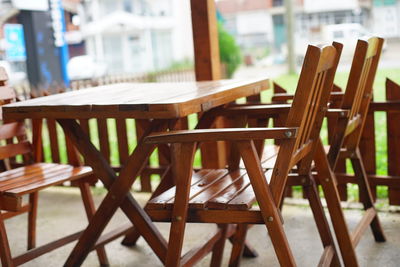 Empty chairs and table in restaurant