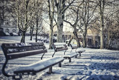 Empty benches in park during winter