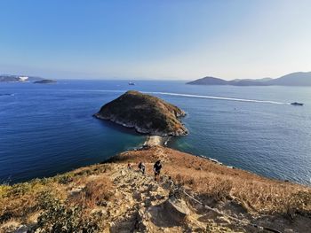 High angle view of sea shore against sky