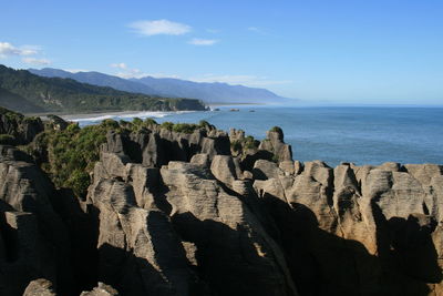 Scenic view of sea and mountains against sky