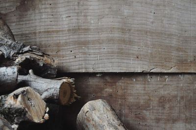 Logs by wooden wall