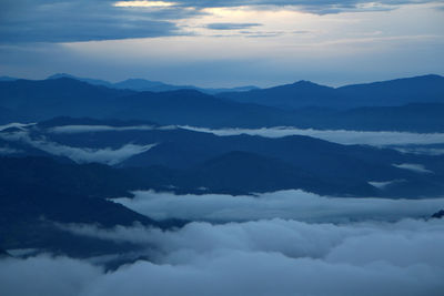 Scenic view of mountains against cloudy sky