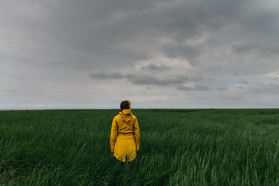 Rear view of a man standing in field