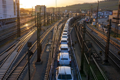 High angle view of railroad tracks in city