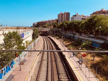 High angle view of railroad tracks in city against clear sky