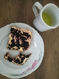 High angle view of breakfast served on table