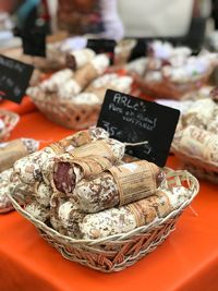High angle view of bread in basket for sale at market
