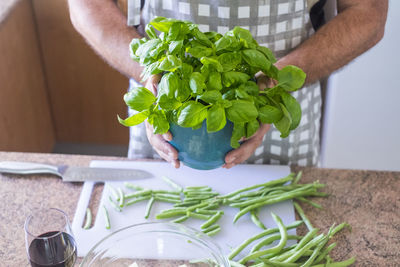 Midsection of man holding potted plant while preparing food in kitchen at home