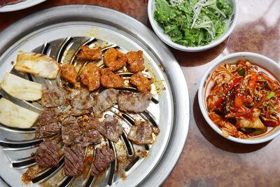 High angle view of food in plate on table