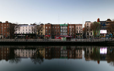 Reflection of buildings in river against sky