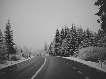 Road amidst trees against clear sky during winter