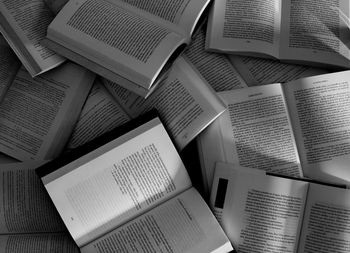 High angle view of books on table