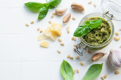 Fresh made pesto sauce. green basil pesto. ingredient for pesto sauce