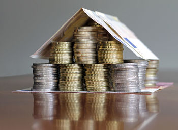 Close-up of coins on table