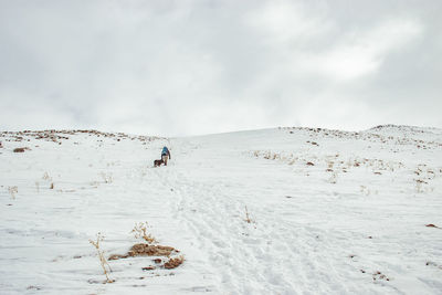 Scenic view of snow covered land against sky