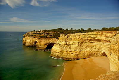 Scenic view of rock formation in sea against sky