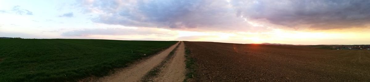 Panoramic view of agricultural field against sky