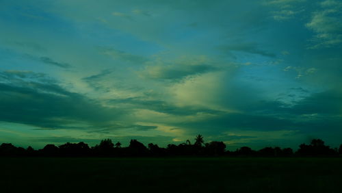 Silhouette trees on field against sky at sunset