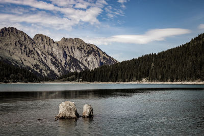 Scenic view of lake and mountains against sky