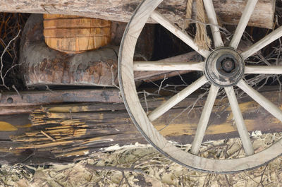 Close-up of old wheel on field