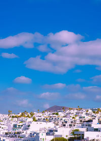 Luxurious hotel view and blue sky. minimal travel, summer vacation concept. canary island lanzarote