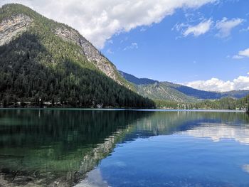 Scenic view of lake and mountains against sky